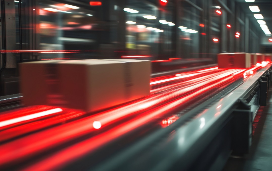 box speeding along a conveyor belt.