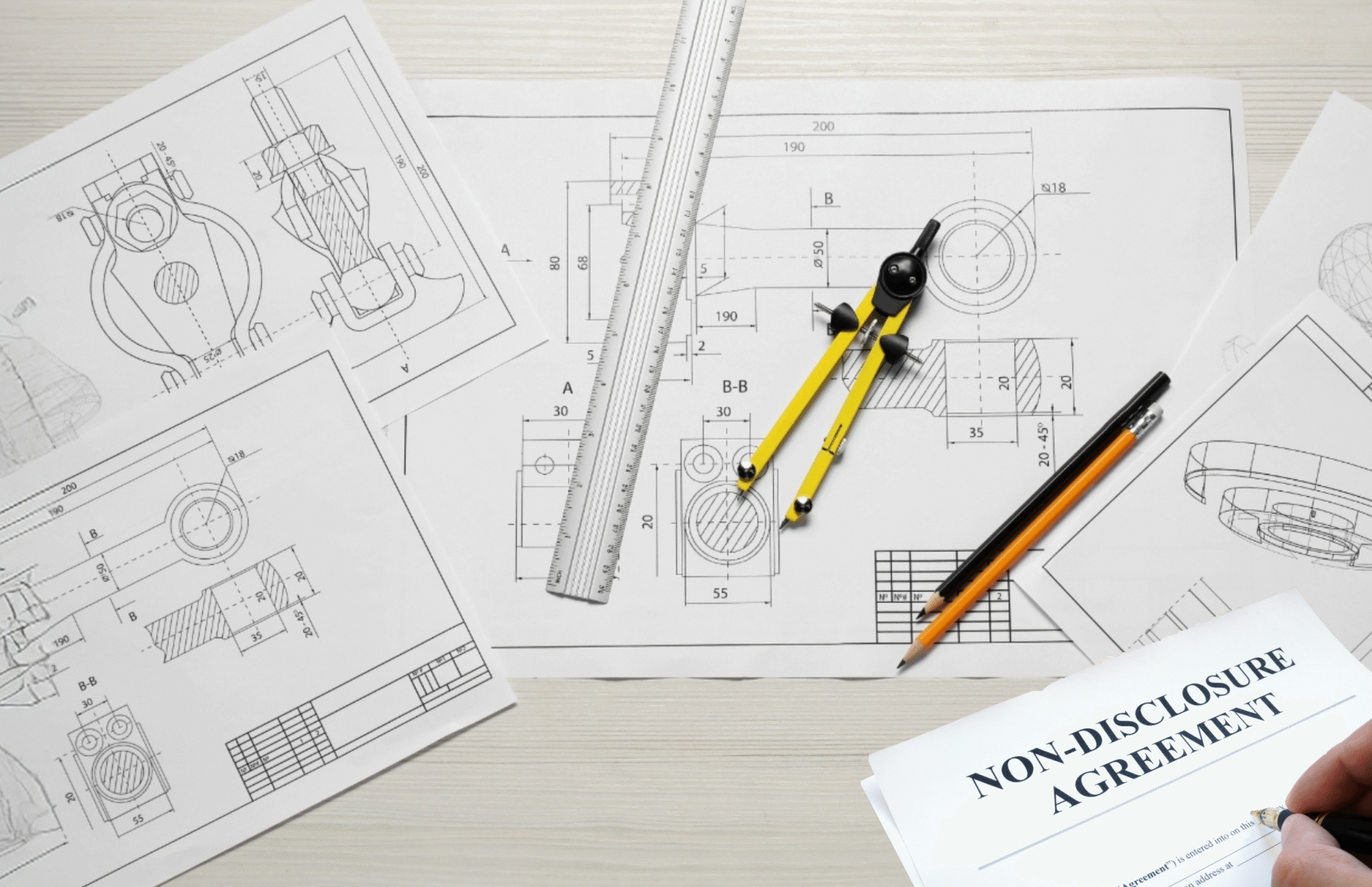 Top-down view of technical engineering blueprints and mechanical drawings on a white wooden desk, featuring a yellow drafting compass, a metal ruler, pencils, and a hand signing a Non-Disclosure Agreement (NDA).